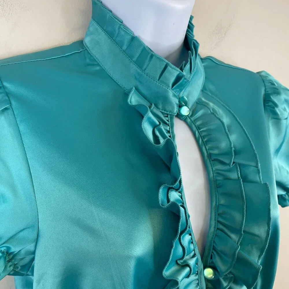 Vintage Y2K Top Medium Coquette Silky Satin Ruffle Puff Sleeve Keyhole High Neck - Picture 6 of 11